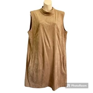 Alfani Faux Suede Sleeveless Mock Turtleneck Women's Size 16 Tan Shift Dress
